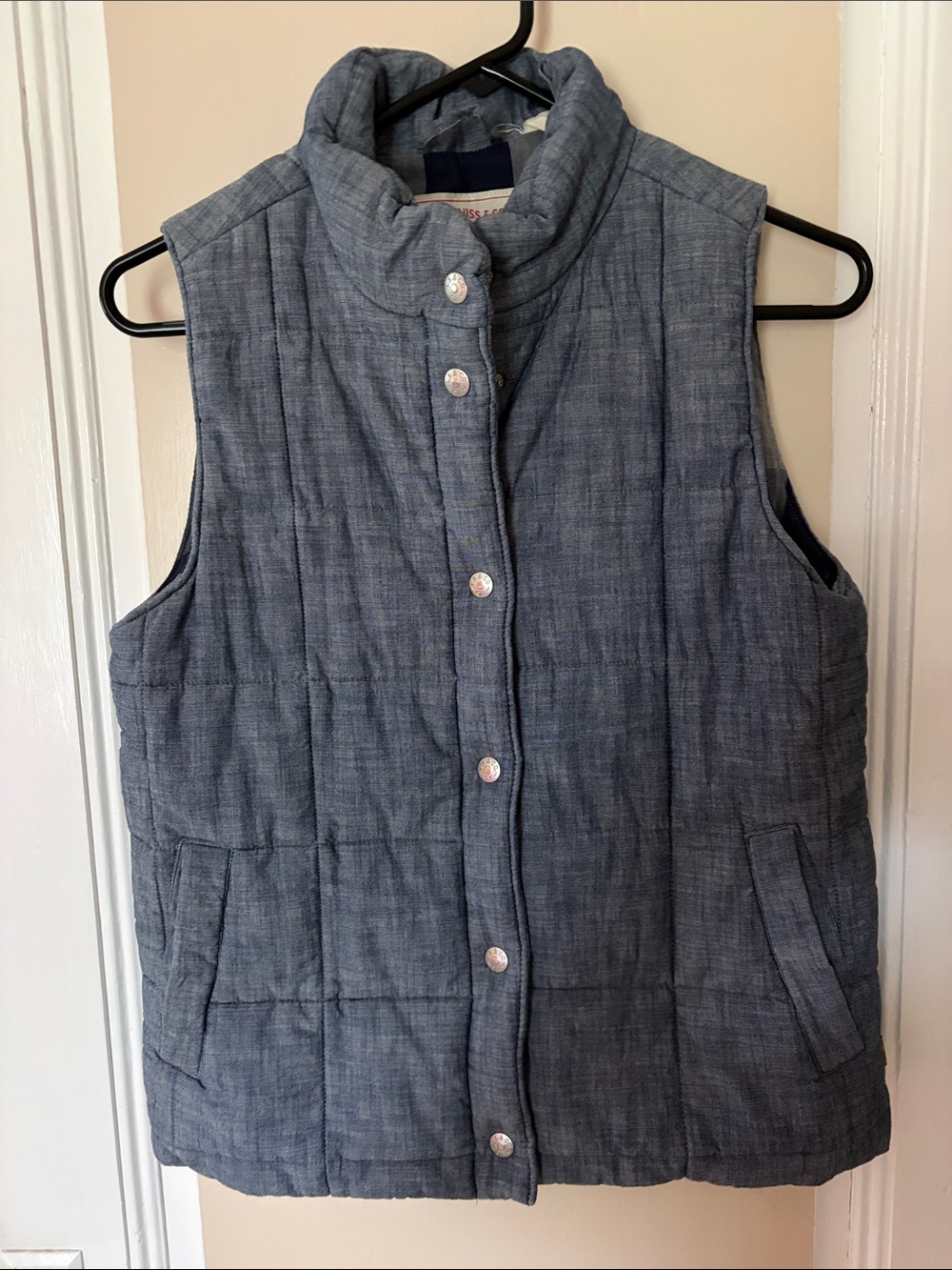 Quilted Chambray Puffer Vest in Blue